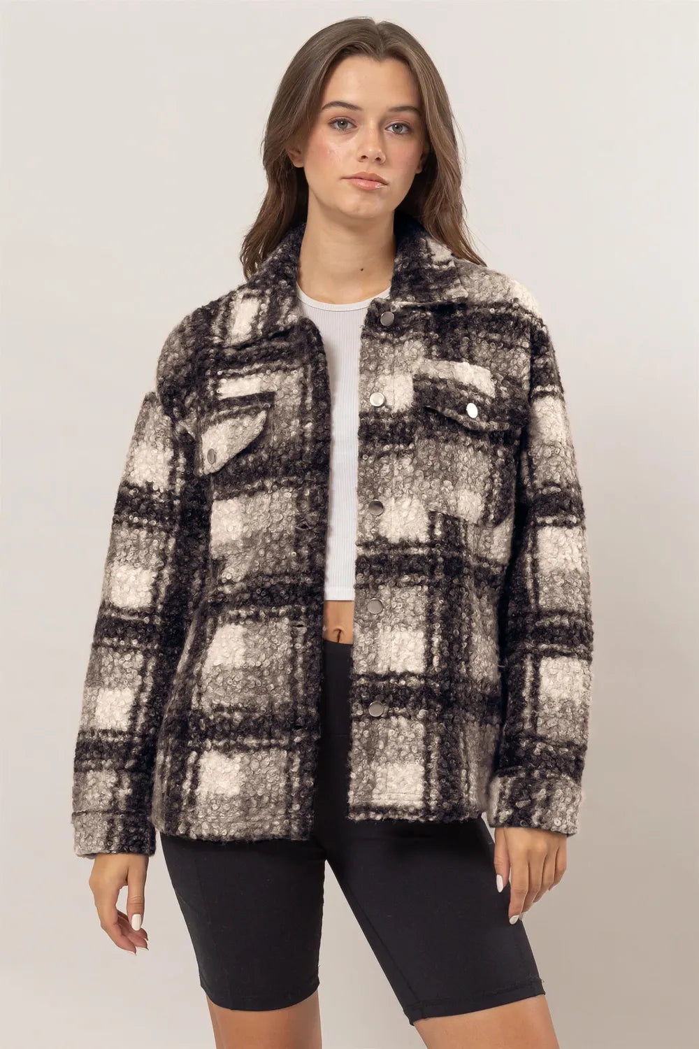 HYFVE Plaid Button Up Boucle Jacket Black