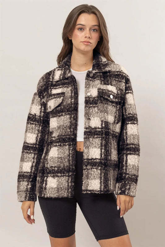 HYFVE Plaid Button Up Boucle Jacket Black