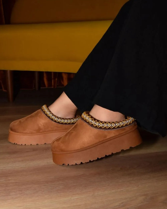 WILD DIVA Embroidered Trim Round Toe Platform Boots Brown