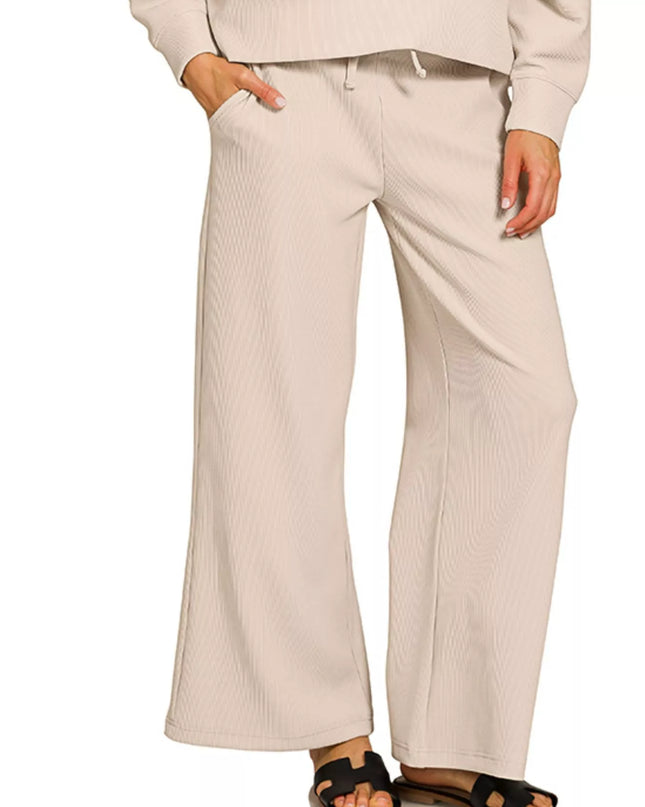 Zenana Ribbed Round Neck Pullover and Drawstring Pants Set