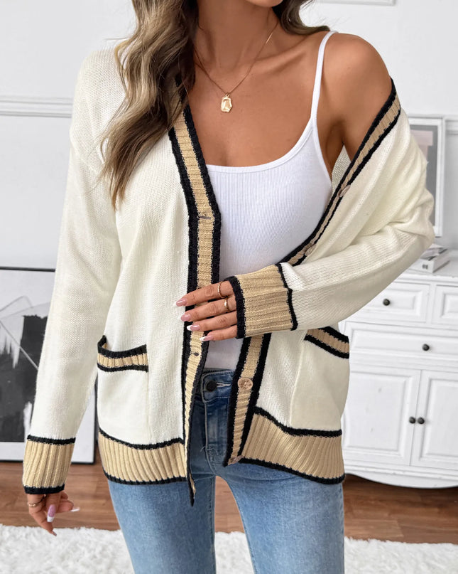 Contrast Trim Button Up Knit Cardigan Cream