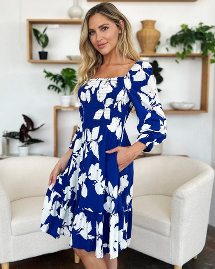 Double Take Full Size Floral Ruffle Hem Smocked Dress with Pockets