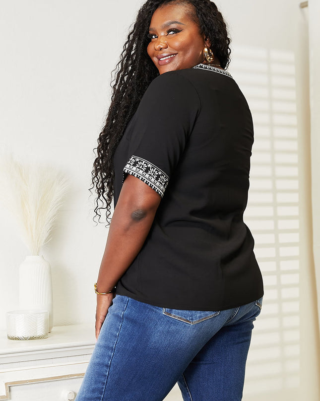 Double Take Embroidered Notched Neck Top