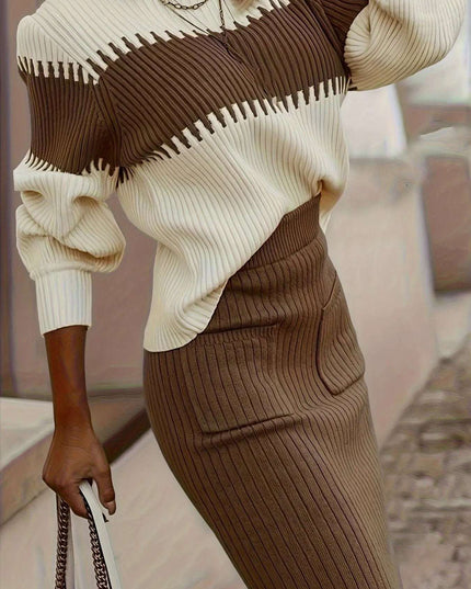 Two-Tone Ribbed Knit Top and Skirt Sweater Set