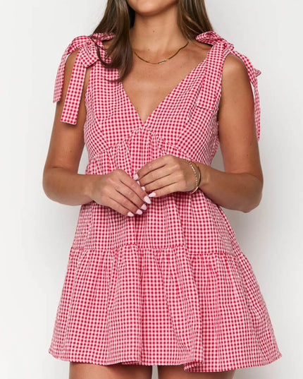 Gingham Tie Shoulder Mini Dress Red And White Plaid