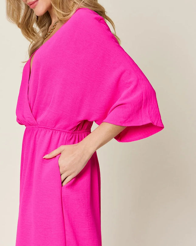 Double Take Full Size Surplice Wide Leg Jumpsuit with Pockets