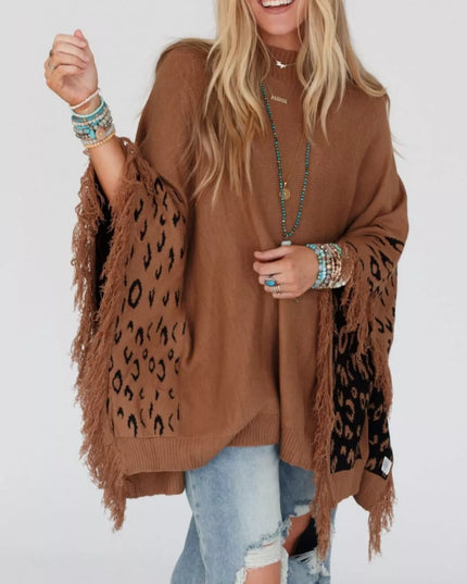 Fringe Leopard Mock Neck Batwing Sleeve Knit Top Brown
