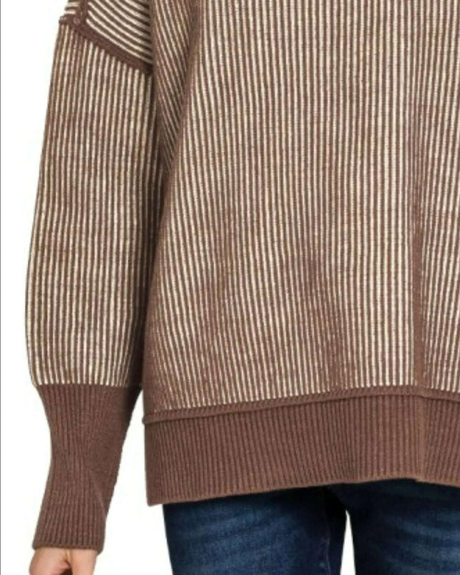 Zenana Exposed Seam Two Tone Ribbed Sweater