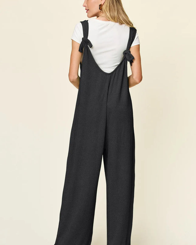 Double Take Full Size Texture Sleeveless Wide Leg Jumpsuit
