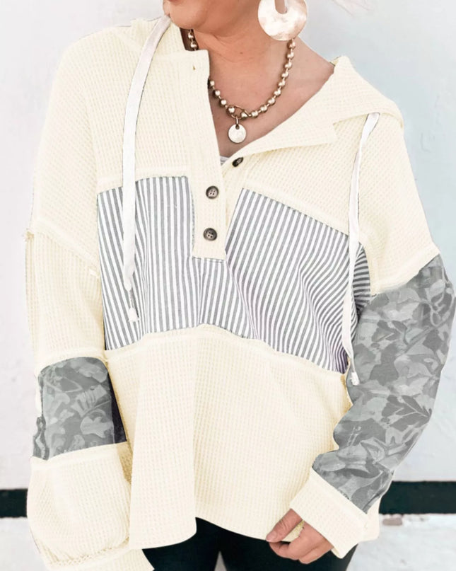 Waffle Knit Striped Drawstring Hoodie