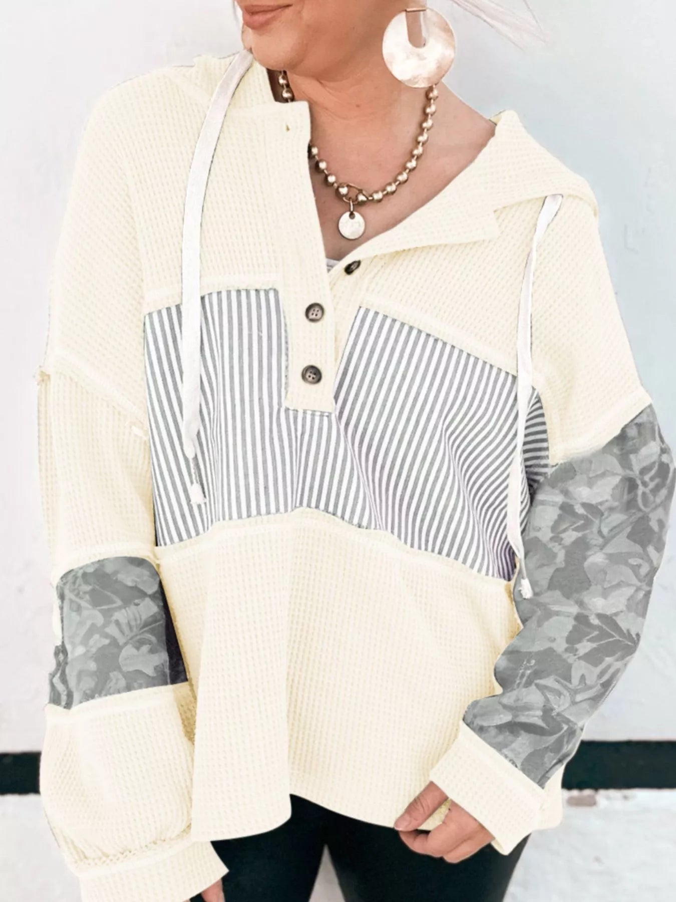 Waffle Knit Striped Drawstring Hoodie