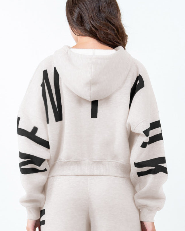American Bazi Letter Graphic Long Sleeve Drawstring Cropped Hoodie