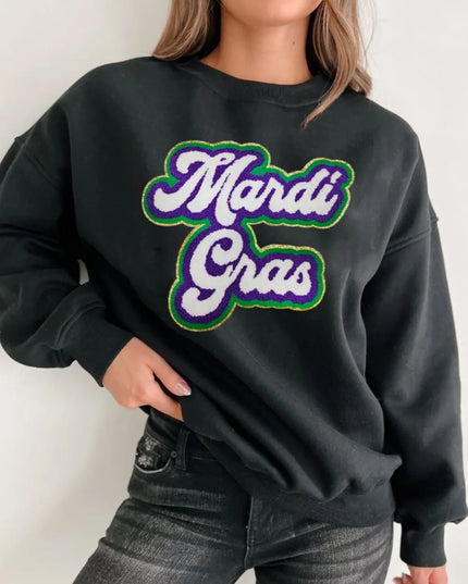 MARDI GRAS Round Neck Drop Shoulder Sweatshirt Black