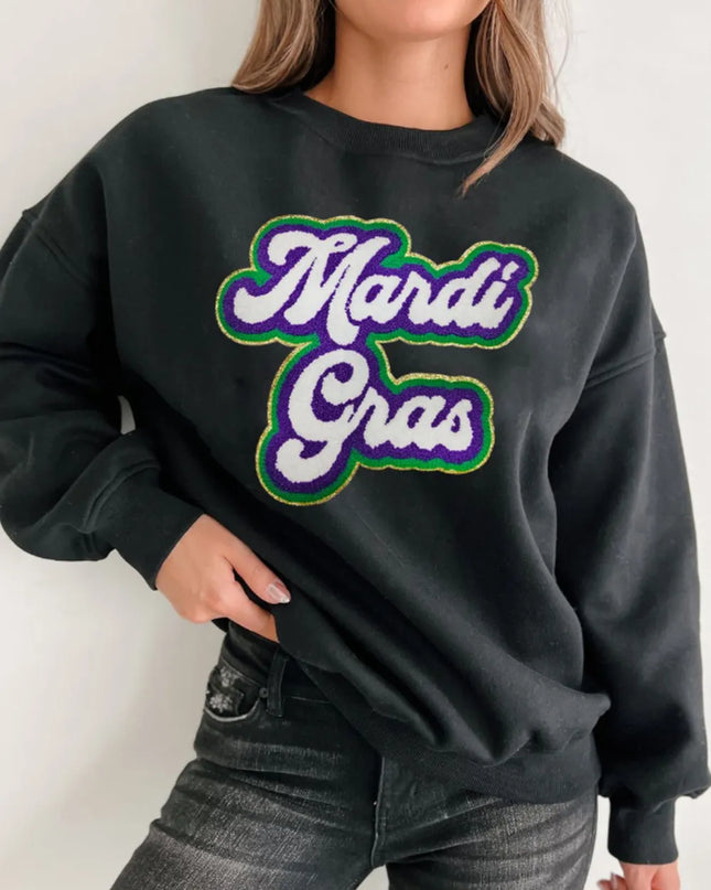 MARDI GRAS Round Neck Drop Shoulder Sweatshirt Black