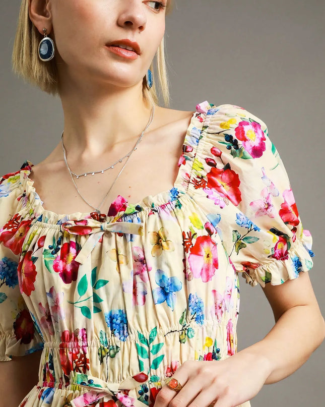 Umgee Floral Print Puff Sleeve Mini Dress