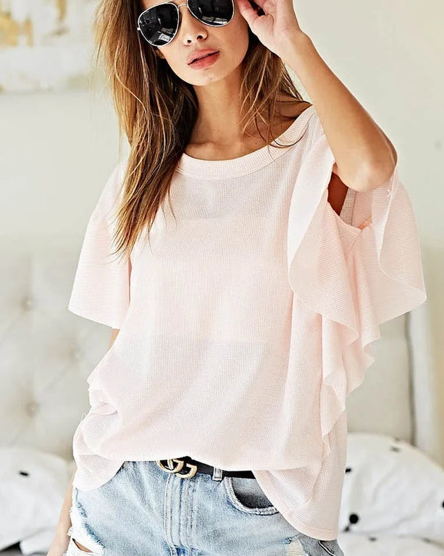 BiBi Thermal Knit with Ruffled Sleeve Top