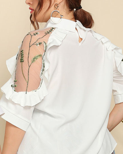 Plus Size Embroidered Ruffle Trim Collared Half Sleeve Blouse