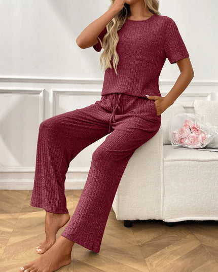 Ribbed Knit Short Sleeve Top and Pants Lounge Set
