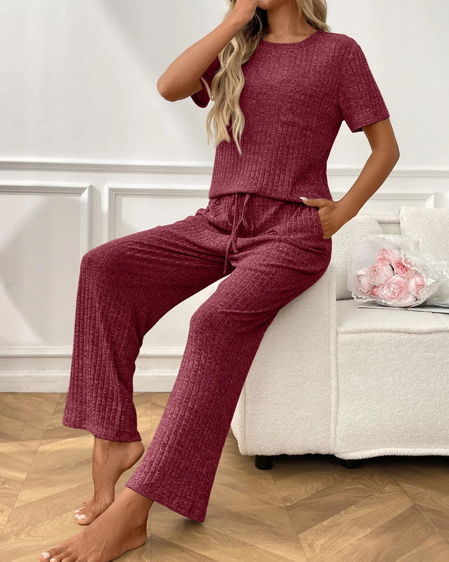Ribbed Knit Short Sleeve Top and Pants Lounge Set