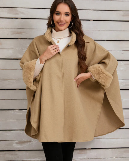 Fuzzy Trim Long Sleeve Poncho Tan One Size