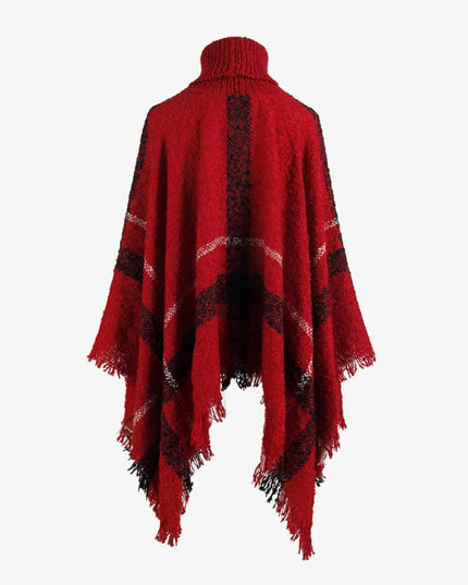 Plaid Turtleneck Raw Hem Poncho