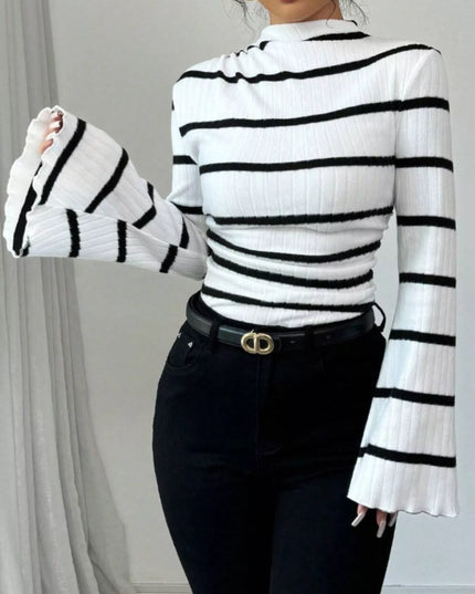 Striped Mock Neck Flare Sleeve Knit Top