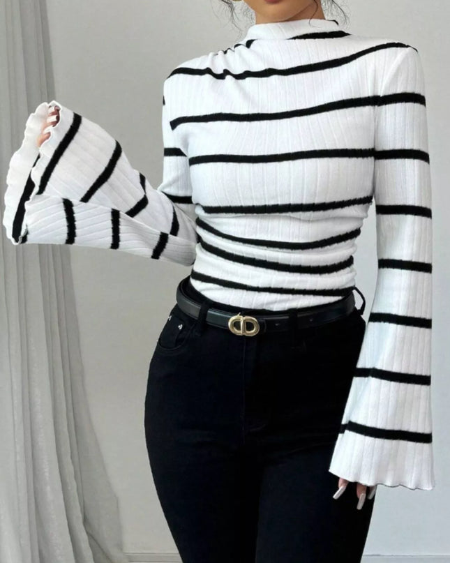 Striped Mock Neck Flare Sleeve Knit Top
