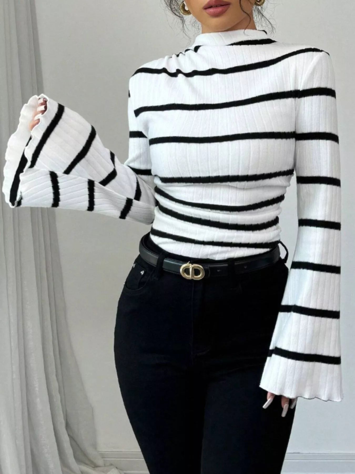 Striped Mock Neck Flare Sleeve Knit Top