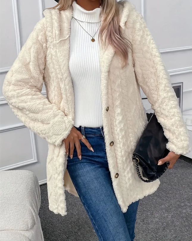 Fuzzy Button Down Hooded Coat