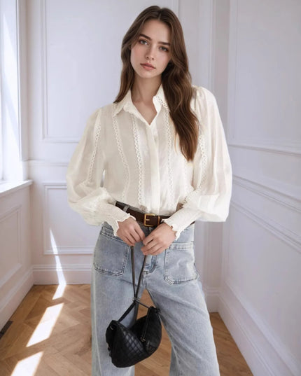 Collared Neck Lantern Sleeve Shirt