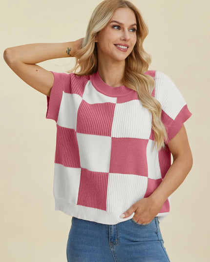 Double Take Full Size Checkered Round Neck Short Sleeve Sweater