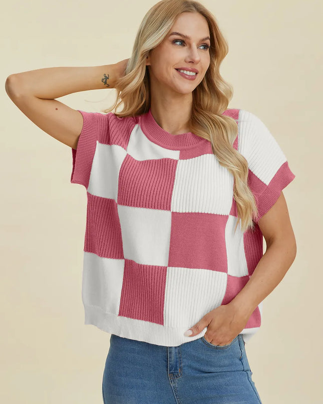 Double Take Full Size Checkered Round Neck Short Sleeve Sweater