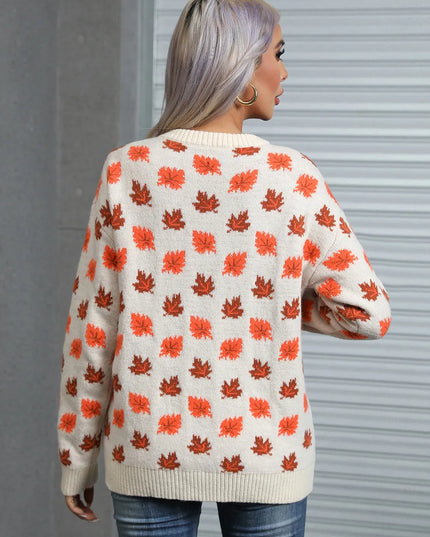 Angel Wings Maple Leaf Round Neck Long Sleeve Sweater