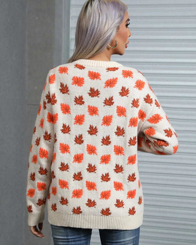 Angel Wings Maple Leaf Round Neck Long Sleeve Sweater