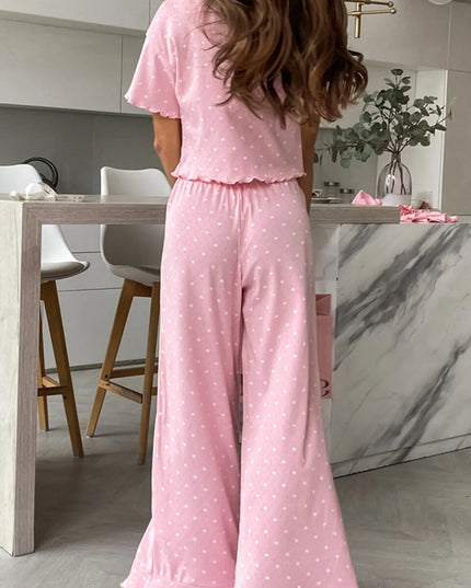Polka Dot Round Neck Top and Pants Lounge Set Pink