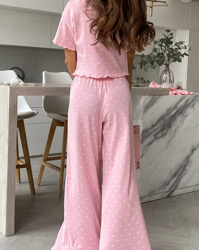 Polka Dot Round Neck Top and Pants Lounge Set Pink