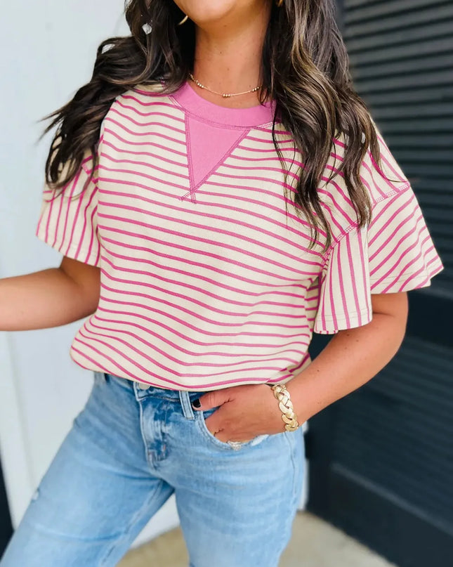 Striped Flounce Sleeve Casual Blouse