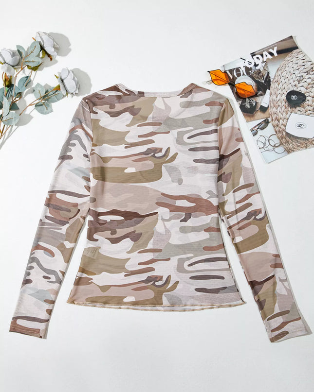 Camouflage Print Mesh Long Sleeve Top