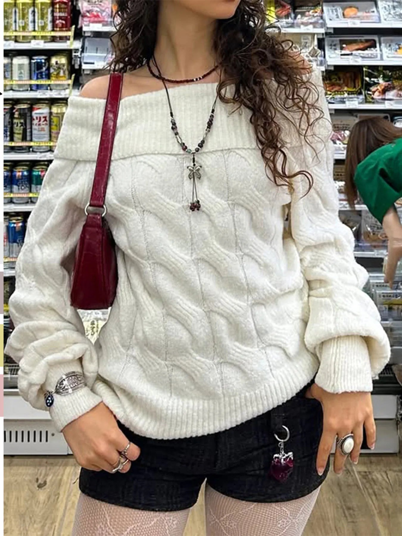 Cable Knit Off-Shoulder Sweater White