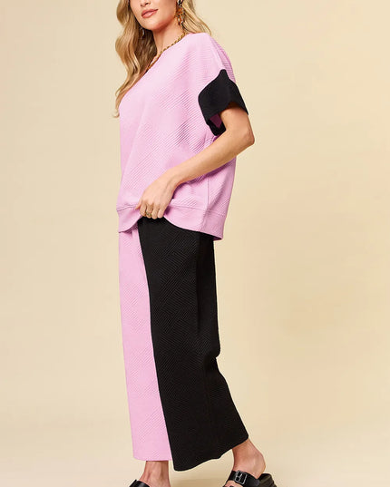 Double Take Full Size Texture Contrast T-Shirt and Wide Leg Pants Set