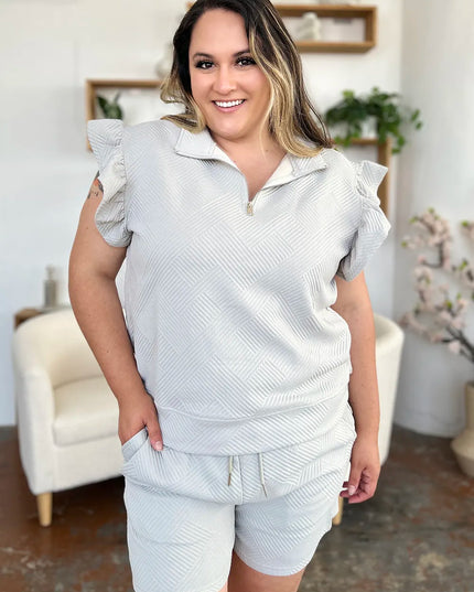 Double Take Full Size Texture Flounce Sleeve Top and Drawstring Shorts Set