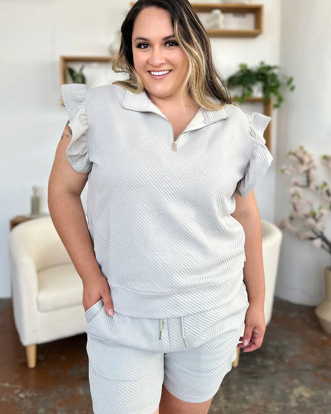 Double Take Full Size Texture Flounce Sleeve Top and Drawstring Shorts Set