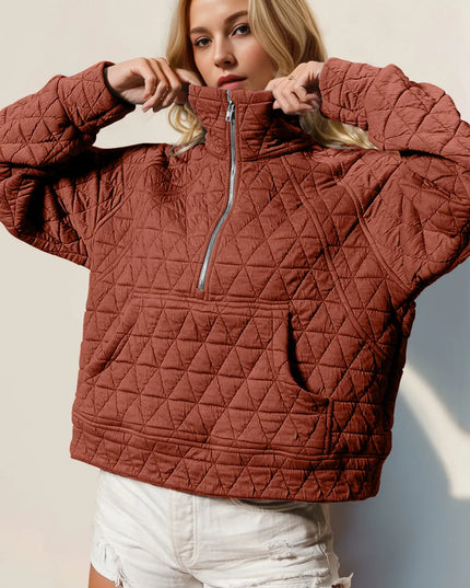 Double Take Half Zip Long Sleeve Quilted Sweatshirt with Pocket Caramel