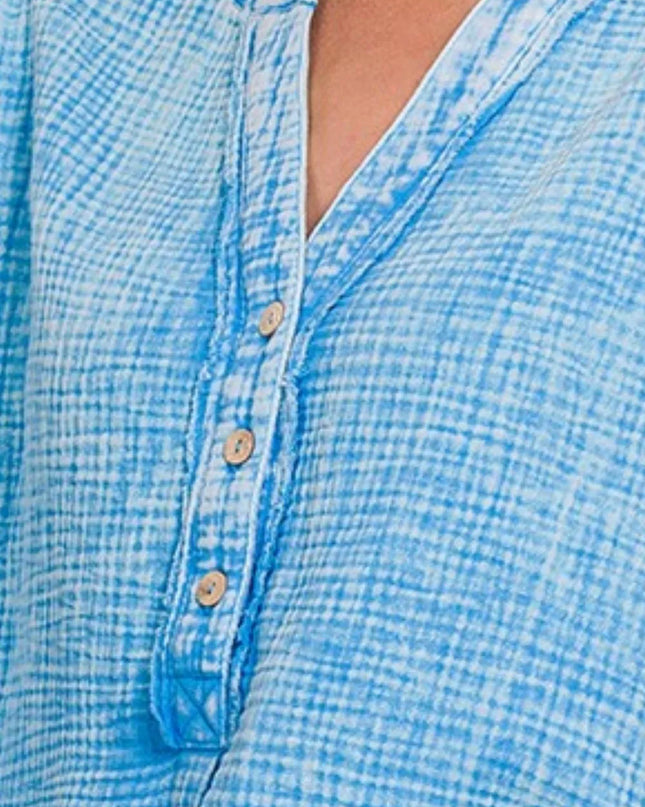 Zenana Washed Double Gauze 3/4 Button Henley Neck Shirt 
