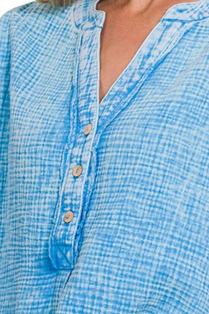 Zenana Washed Double Gauze 3/4 Button Henley Neck Shirt 