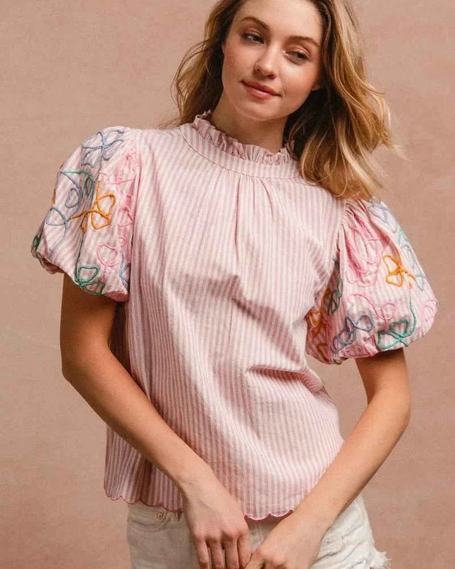 BiBi Embroidery Bubble Sleeve Top With Bottom Scallop Detail