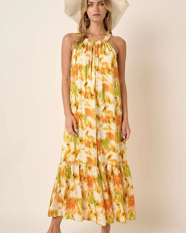 Mittoshop Watercolor Print Halter Neck Satin Maxi Dress 