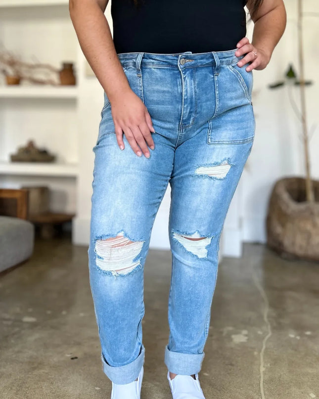 Judy Blue Full Size Distressed Straight Jeans with Patch Pockets