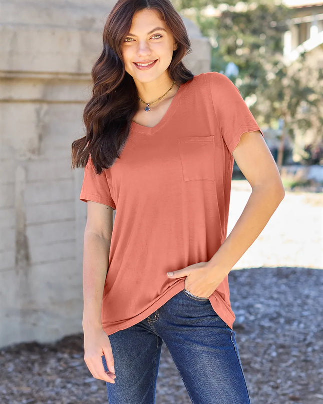 Basic Bae Bamboo Full Size V-Neck Short Sleeve T-Shirt Watermelon pink