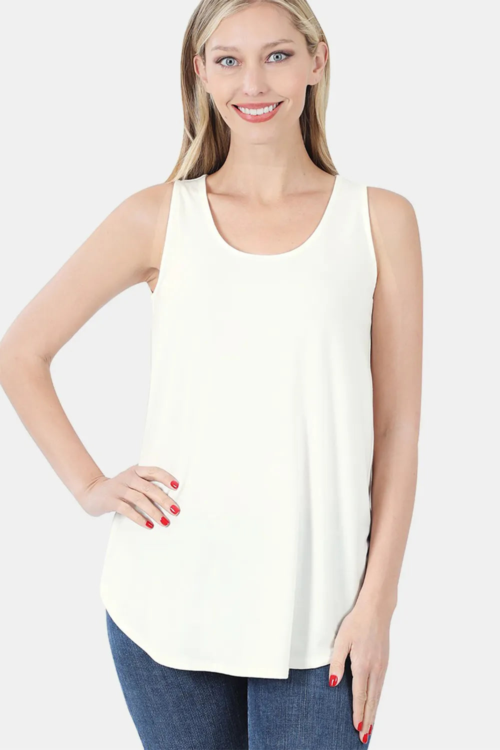 Zenana Round Neck Curved Hem Tank Ivory